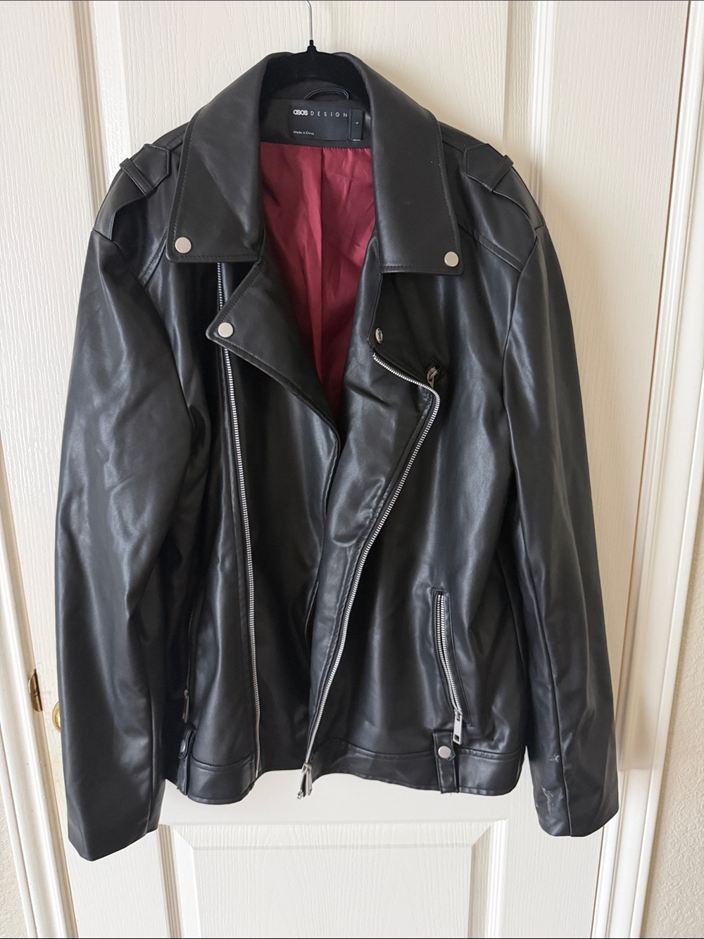 ASOS DESIGN Black Faux Leather Moto Jacket with Burgundy Lining